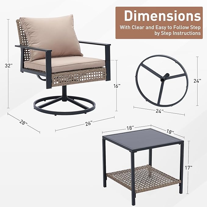 Ainfox 3 Pieces Patio Wicker Chairs Swivel Rocker, Outdoor Swivel Rocker Patio Chairs with Rattan Side Table, Patio Furniture Set for Patio Porch Pool, Khaki