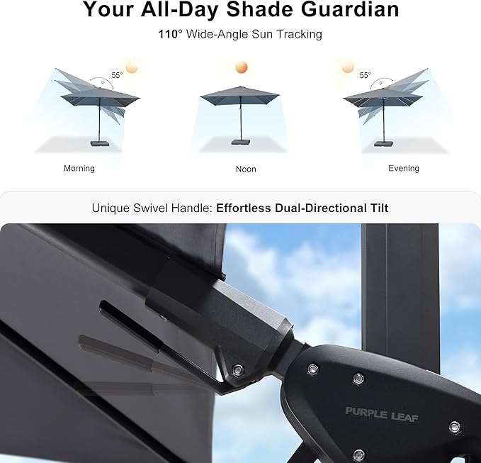 PURPLE LEAF 6.5' X 10' Left-right Tilt Patio Umbrella with Base Outdoor Cantilever Swivel Rectangle Umbrella Offset Umbrella with 360-degree Rotation for Garden Deck Pool Patio Light Grey