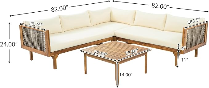 Christopher Knight Home Tenntt 5-Seater Acacia Wood Patio Furniture Set, Outdoor Conversation Sofa Chat Set with Coffee Table, Wicker Arm, Sectional Seating Group for Backyard Balcony, Teak+Beige