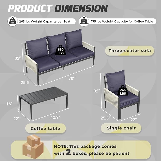 AECOJOY Aluminum Patio Sectional Furniture Set, 10-Seat, Dark Blue | 8-Piece Set, Coffee Central Table, Outdoor Conversation Set, Porch & Deck Use