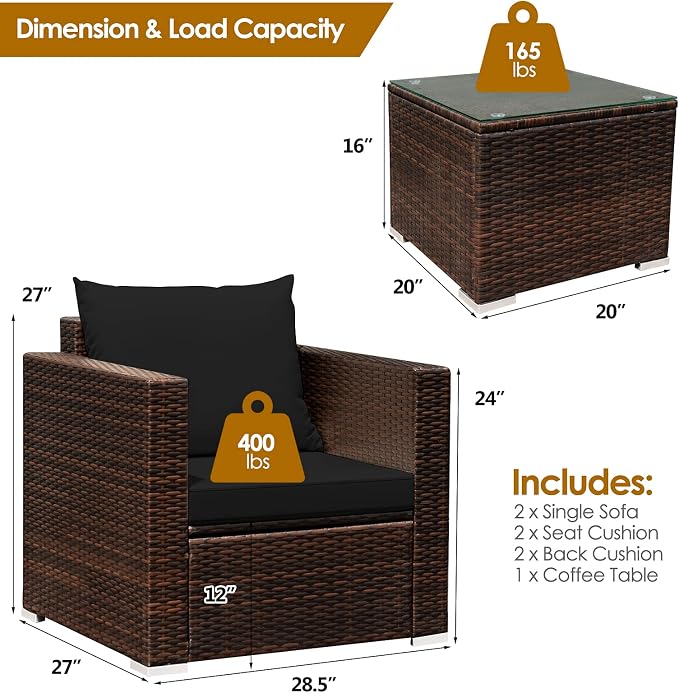 RELAX4LIFE 3-Piece Wicker Bistro Set - Outdoor Patio Rattan Sofa Set w/Washable Cushions & Tempered Glass Coffee Table, Conversation Furniture Set for Backyard, Porch, Garden & Poolside (Black)