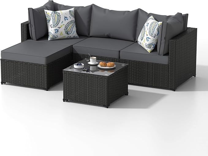 Patio Furniture Set, 5PCS Patio Sectional with Ottoman Wicker Rattan Outdoor Furniture with Thickened Cushion Modular Wicker Patio Conversation Set with Glass Top Table for Balcony, Backyard (Grey)
