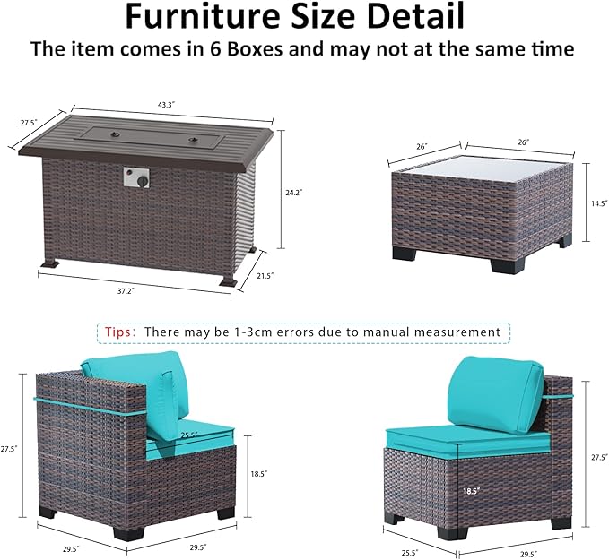 Outdoor Patio Furniture Set with Gas Fire Pit Table, 10 Pieces Outdoor Furniture Set Patio Sectional Sofa w/43in Propane Fire Pit, PE Wicker Rattan Patio Conversation Sets -Blue.