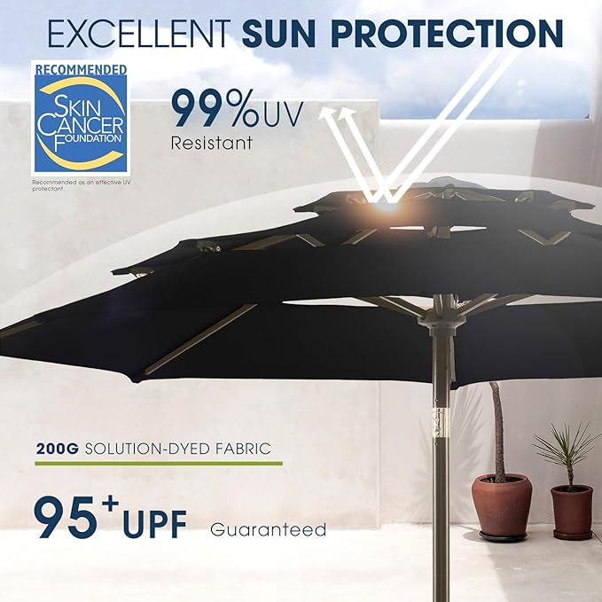 wikiwiki 9ft 3-Tier Patio Umbrella Outdoor Table Market Umbrella for Patio with Push Button Tilt/Crank, Fade Resistant Waterproof POLYESTER Canopy for Garden, Lawn, Deck, Backyard & Pool, Black