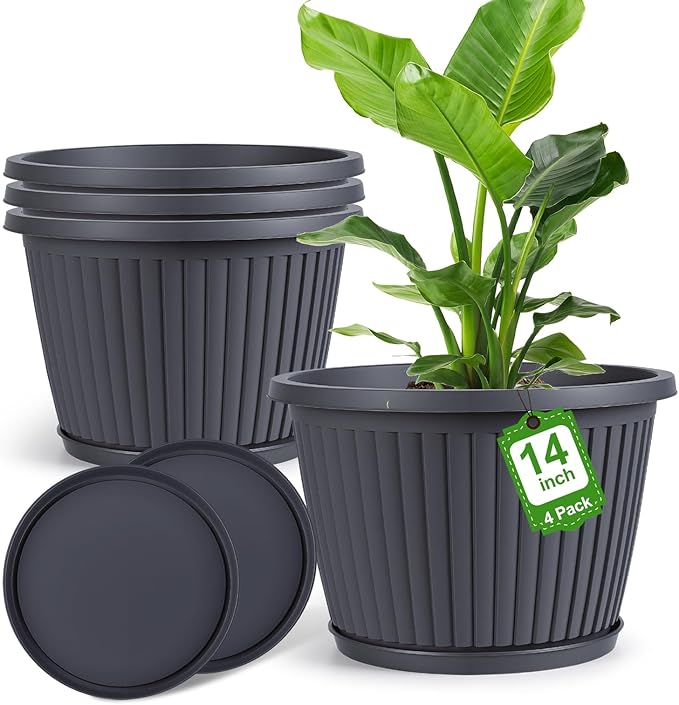 14-inch-Large-Planters-for-Outdoor-Plant，Plastic Indoor Flower Pots with Drainage Holes & Saucer，4 Packs Decorative Garden Pots for Plantfor Home Porch Decor