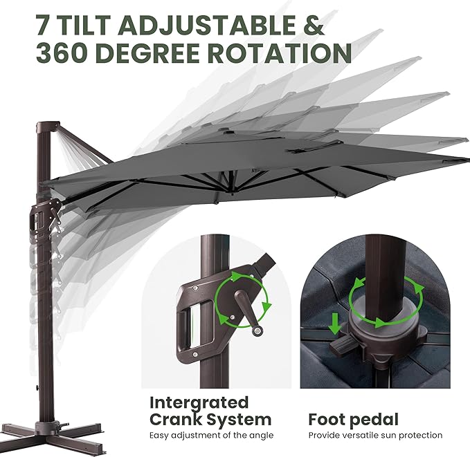 9' X 12' Cantilever Patio Umbrella Rectangular Outdoor Large Offset Umbrellas with 7 Tilts Adjustable 360°Rotation for Deck Pool Garden Backyard, Grey