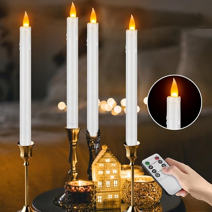 wemarry Flameless Taper Candles with Remote, 10" White Battery Operated Led Candlesticks with Flickering 3D Flame, 24 Pcs Fake Taper Candles for Christmas Thanksgiving Wedding Home Décor