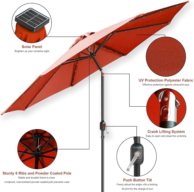 SZHLUX 10ft Solar Powered Patio Umbrella with 32 LED Lights, Aluminum Polyester Solar Umbrella w/Tilt Adjustment and UV-Resistant Fabric