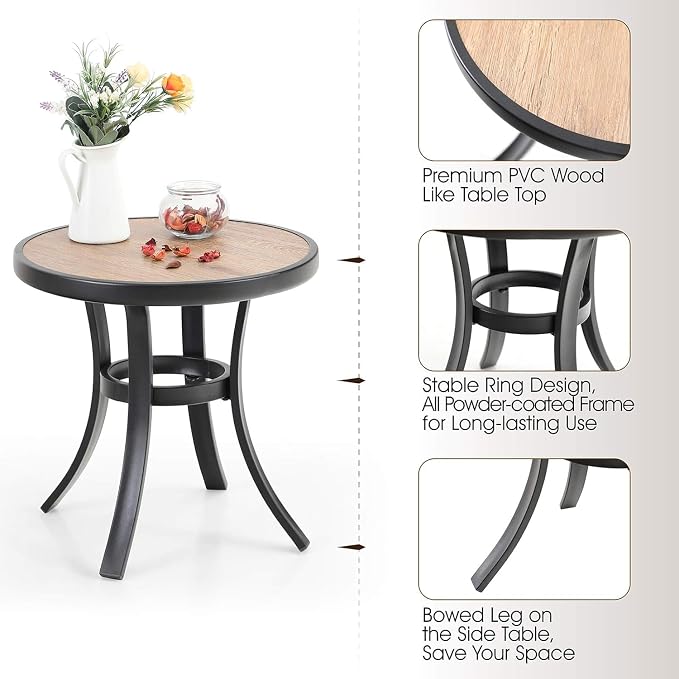 PHI VILLA Outdoor Round Side Table Set of 2, 19" Small Metal End Table with Wood Top, Outside All Weather Coffee Bistro Table for Patio, Deck, Porch, Balcony, Indoor
