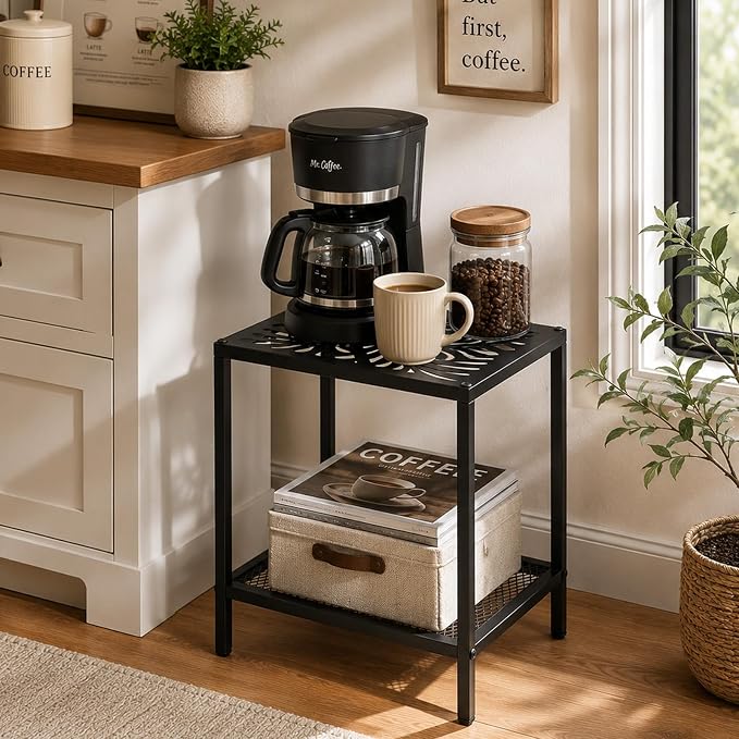 2-Tier Metal Side Table Rectangle Small End Table with Storage Shelf Laser-Cut Leaf Pattern Accent Table Indoor Outdoor Small Space Coffee Table for Living Room, Bedroom, Patio, Plant Stand, Black