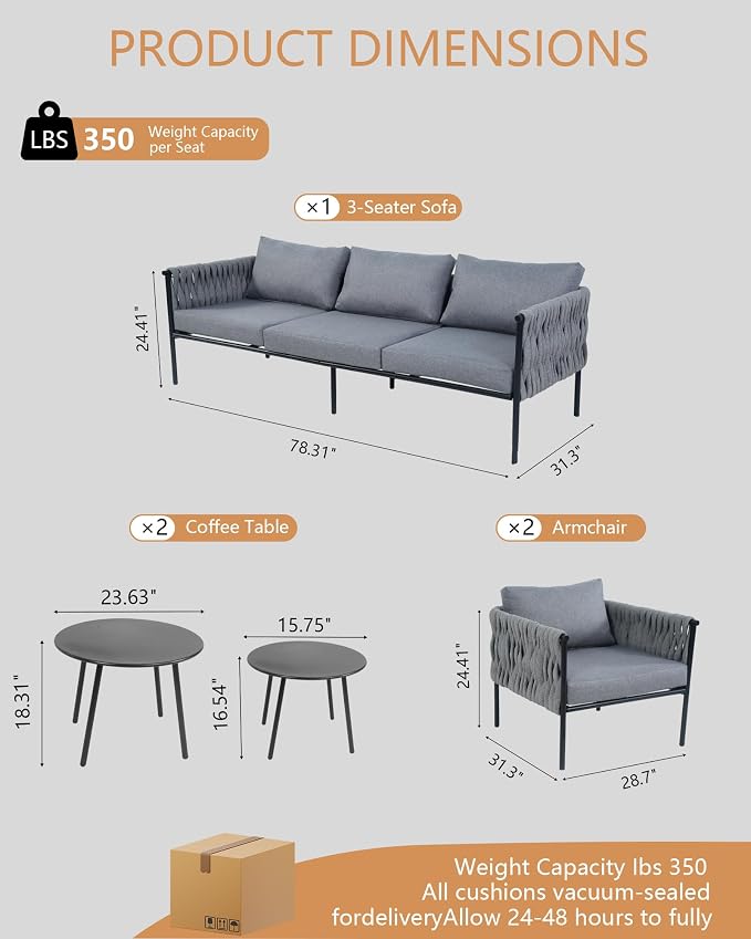 5 Piece Patio Furniture Set, Woven Rope Outdoor Furniture Couch with 2 Round Coffee Tables, All Weather Patio Conversation Sets with Oversized 3-Seater Sofa & Washable Cushions for Backyard