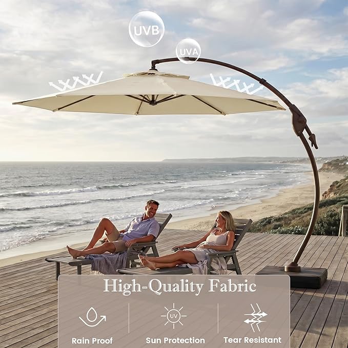 Cantilever Umbrella with Heavy-Duty Base, Outdoor Large Round Aluminum Offset Umbrella for Patio Garden Backyard, UV-Resistant Waterproof Canopy, 360° Rotation & Tilt Adjustment