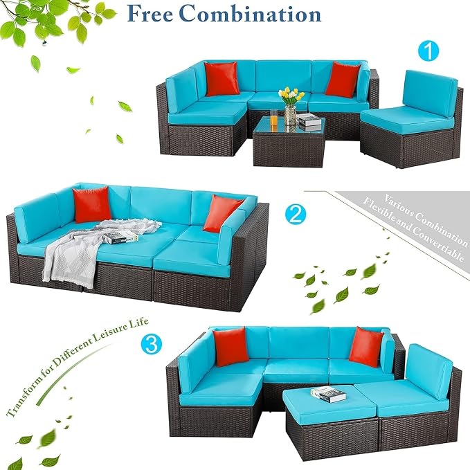 Outdoor Patio Furniture 6 Piece Set, PE Rattan Wicker Sectional Sofa Conversation Set with Coffee Table, for Garden Backyard Poolside, Outdoor Sectional Sofa Set