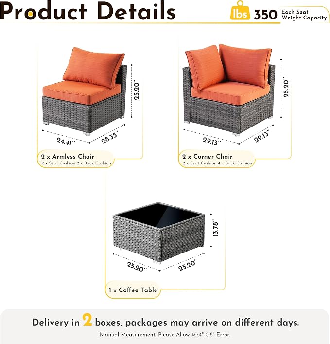 Weaxty 5 Pieces Patio Furniture Sets,Wicker Outdoor Sectional Sofa with Thicken Cushion and Rattan Coffee Table,Patio Conversation Couch Set for Porch, Balcony,Yard, Poolside,Orange Red