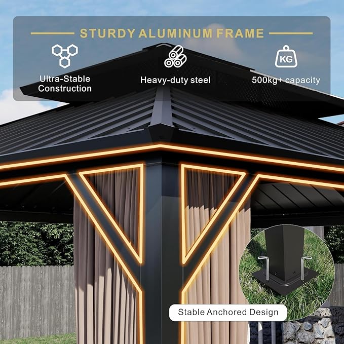 12’x16’ Hardtop Gazebo, Galvanized Steel Double Roof Canopy with Aluminum Frame, Outdoor Pavilion with Nettings and Curtains