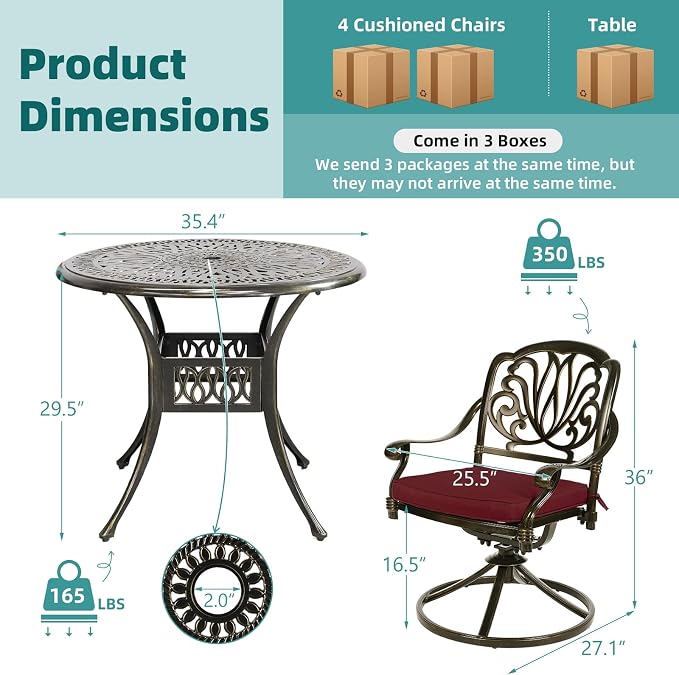 MEETWARM 5-Piece Outdoor Patio Dining Set, All-Weather Cast Aluminum Patio Conversation Set for Backyard Garden Deck with 4 Cushions Swivel Rocker Chairs and 35.4" Round Table, Chili Red