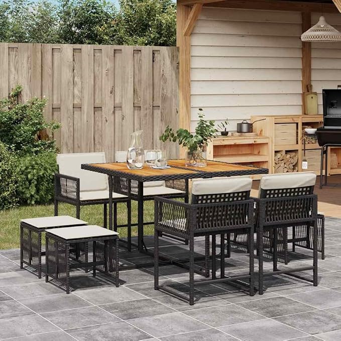 9-Piece Garden Dining Set, Black PE Rattan Patio Furniture for 8 with Cushions, Space-Saving Foldable Outdoor Dining Table and Chairs with Acacia Wood for Backyard Deck and Porch