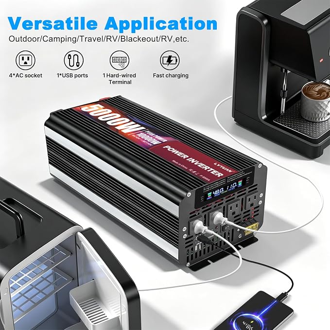 LVYUAN 5000 Watt Power Inverter 48V to 110V 120V for Vehicle, Solar Inverter System, Heavy Duty, RV, Truck, Off Grid,Camping with 4 AC Outlets, LCD Display, Wireless Remote Control, Car Power Inverter