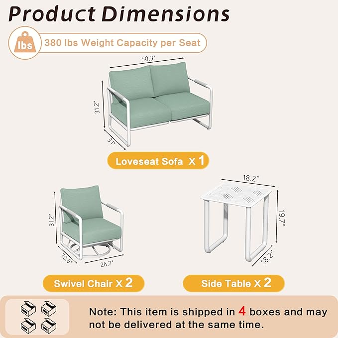 MBY Outdoor Aluminum Patio Furniture Set, 4-Seats Patio Conversation Sofa Set with 2 Coffee Tables and 2 Swivel Rocking Chairs, All Weather for Balcony, Garden-White