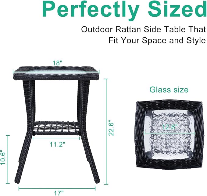 Black Outdoor Wicker Side Table | 2 Tier Rattan End Table with Tempered Glass Top | Space-Saving Bistro Table for Patio, Porch, Balcony, Living Room Balcony Space Saver Small Outdoor Tables