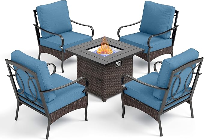 Patio Furniture Set with 32" Fire Pit Table,Patio Conversation Sets 4 Fixed Chairs with Thick Cushion and 50000 BTU Fire Pit Table (5 Pieces,Navy