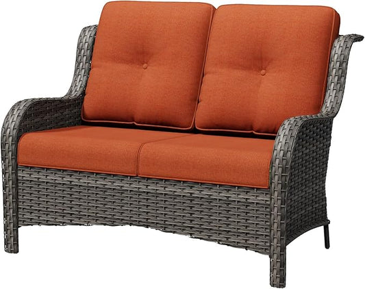 Wicker Patio Loveseat, 2 Seat Outdoor Couch with Thickened Olefin Cushions, High Back and Deep Seating, Hand-Woven PE Rattan for Porch, Deck, Balcony