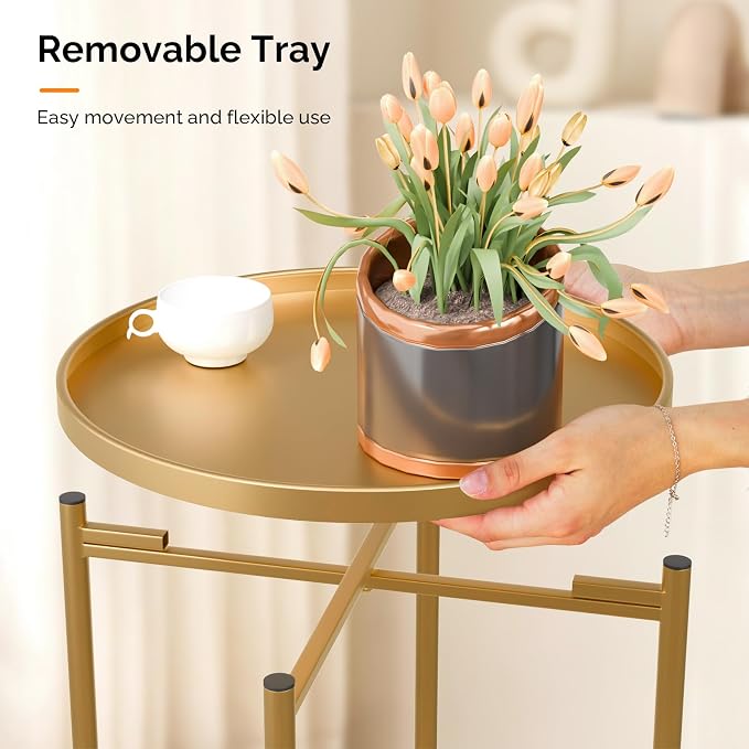 VINGLI Round Metal Side Table with Removable Tray, Outdoor Patio Coffee Table, Waterproof End Table for Small Spaces, Outdoor Patio, Living Room, Bedroom, Balcony (X-Brace & Non-Slip Pads) (2, Gold)