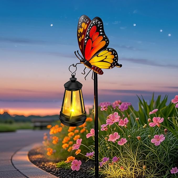 ZFNN Solar Garden Decor Lights Outdoor Waterproof, Metal Butterfly Stakes with Solar Lanterns, Solar Garden Lights for Decorative Yard Art Outside Patio Lawn Ornaments, Gifts for Women Mom