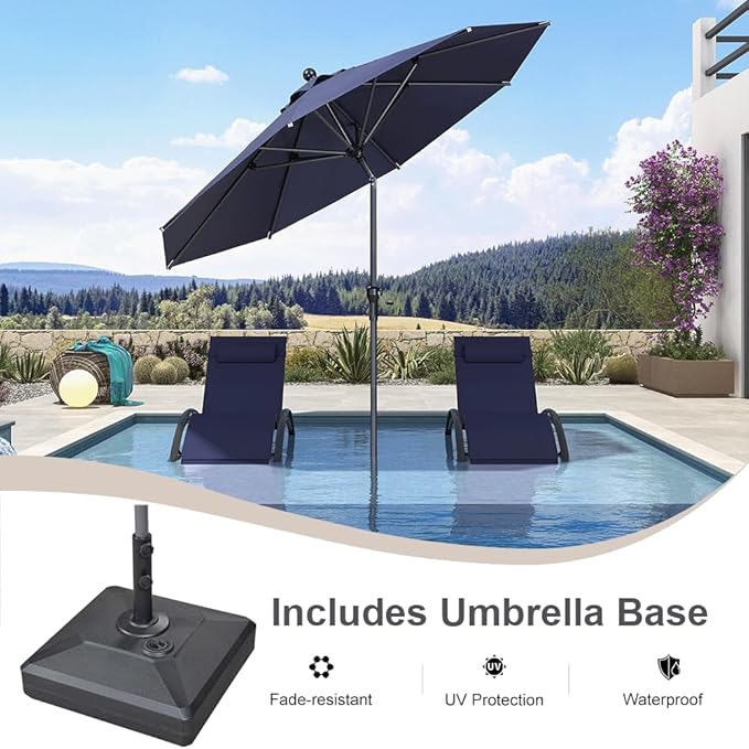 PURPLE LEAF 9' Round Patio Market Umbrella with Base Outdoor Table Umbrellas Aluminum Frame Sun Shade with 8 Sturdy Ribs Tilt for Garden Deck Lawn Pool Navy Blue