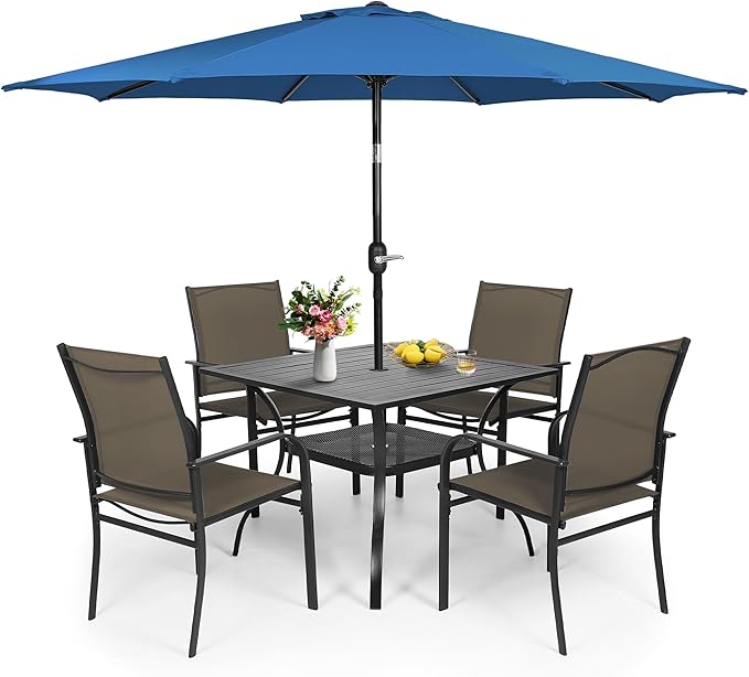 Crownland 5 Piece Patio Dining Set, Outdoor Textilene Dining Sets, 4 Textilene Metal Chairs and Square Outdoor Dining Table with Dark Blue 9FT Round Outdoor Umbrella (Brown)