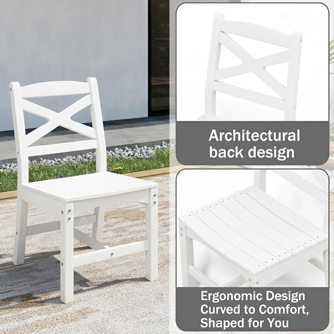 Outdoor Armless Dining Chairs Set of 8,HDPE Patio Chairs with Wide Seat,All-Weather HDPE Patio Armless Chairs for Porch, Backyard, Deck, White, Table not Included