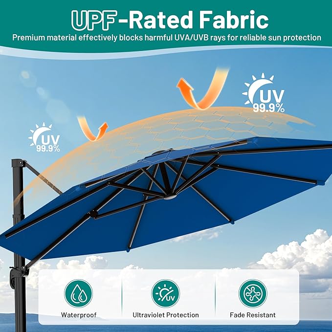 AreShark 11FT Round Cantilever Patio Umbrella with Base Included, 360° Rotation Offset Outdoor Umbrella, 5 Tilt Settings Heavy Duty Hanging Parasol for Deck Garden Pool, Royal Blue