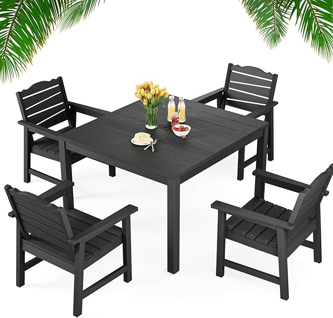 5-Piece Patio Dining Set, Outdoor Dining Square Table w/Aluminum Frame and 4 Chairs, Weatherproof HIPS Dining Furniture with Umbrella Hole, for Backyard Garden Deck Poolside, Black