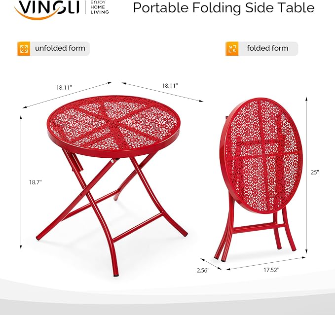 VINGLI Outdoor Folding Side Table with Chic Hollow Pattern and Durable, Rust-Resistant Coated Iron Patio Bistro Table Suitable for Indoor & Outdoor Porch, Deck, Balcony and Pool,Red