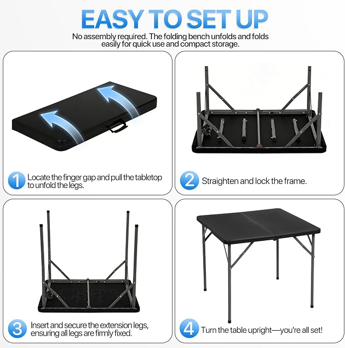 34" Folding Card Table, Heavy Duty HDPE Square Table, Fold-in-Half Portable Design with Carry Handle, Indoor Outdoor Utility Dining Table for Picnic, Camping, 330 lbs (Black, 34in)