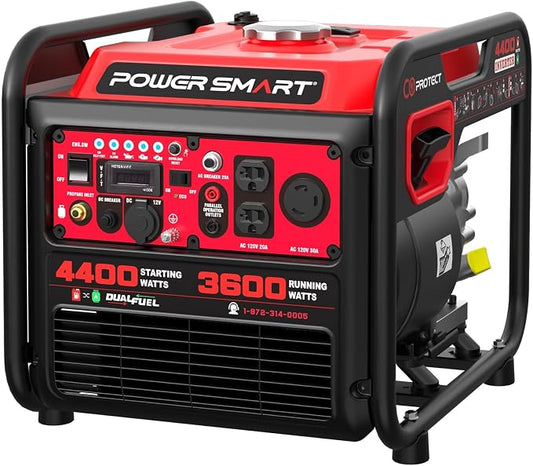 PowerSmart 4400-Watt Dual Fuel Portable Inverter Generator, PowerSmart Gas Powered, CO-Sensor, Lightweight & Quiet for Home Use and Emergency Backup, Camping, EPA Compliant
