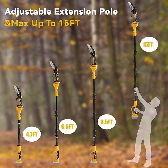 6 Inch Brushless Pole Saw for Dewalt 20V Max Battery (No Battery), Professional Electric Chainsaw with Extension Pole, 15Ft Long Reach for Tree Pruning Hedge Cutting