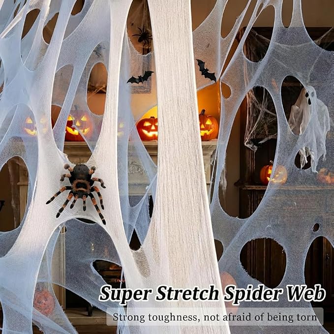 1000 Sqft（After Streched with Holes）Uncut Giant DIY Spider Web Halloween Decorations Outdoor with 10 Ground Nails Stretchy Beef Cloth Netting Cut-Your-Own Flexible Elastic for Yard Party Decor