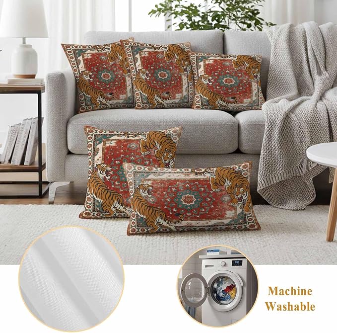 Tiger Print Outdoor Pillow Covers 18"x18" Set of 2, Boho Vintage Animal Orange Red Floral Geometric Waterproof Throw Pillow Covers for Patio Furniture, Decorative Cushion Covers for Porch