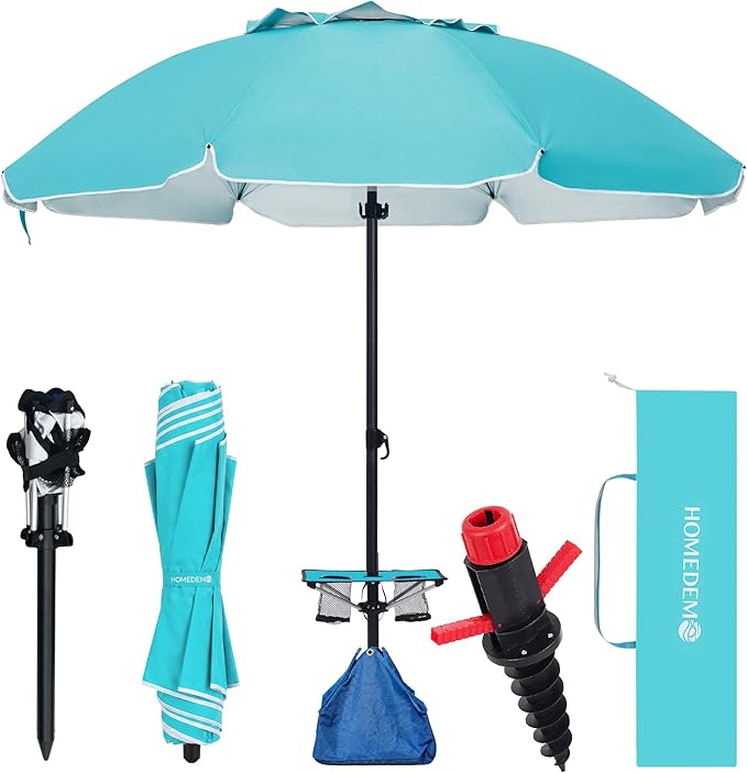 HOMEDEMO 8FT Large Beach Umbrella with Weight Bag & Sand Anchor, Outdoor Umbrellas with Adjustable Aluminum Pole and Table, Heavy Duty Windproof & UPF 50+