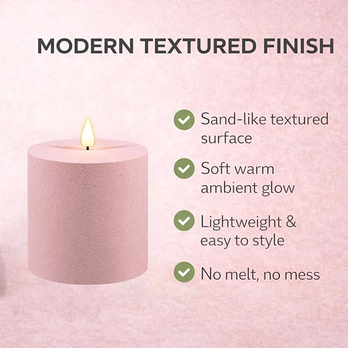 smtyle 4"x4" Pink Fake Candles Battery Operated Flameless Candles with Remote Sculptural Sand Texture Frosted Plastic Minimalist Decorative Set of 2