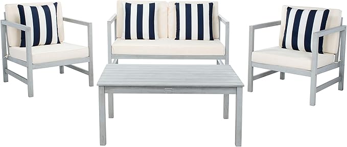 SAFAVIEH Outdoor Collection Montez Grey / Beige Cushions/ Striped Pillows 4-Piece Conversation Patio Set
