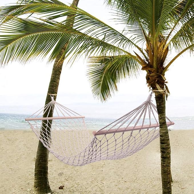 Vintage Hammock, Wood Pole Cotton Rope Hammock Bed with Rope,2-Person Woven Cotton Rope Double Hammock for Backyard,White
