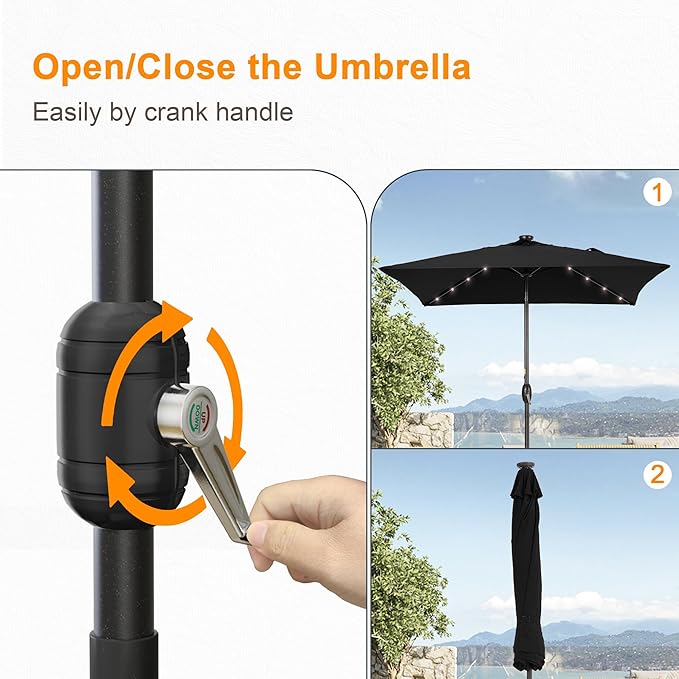 Square Patio Umbrella With Solar Lights, 6.5x6.5ft Square Umbrella Outdoor Patio with Tilt and Crank for Pool, Deck, Garden,Backyard