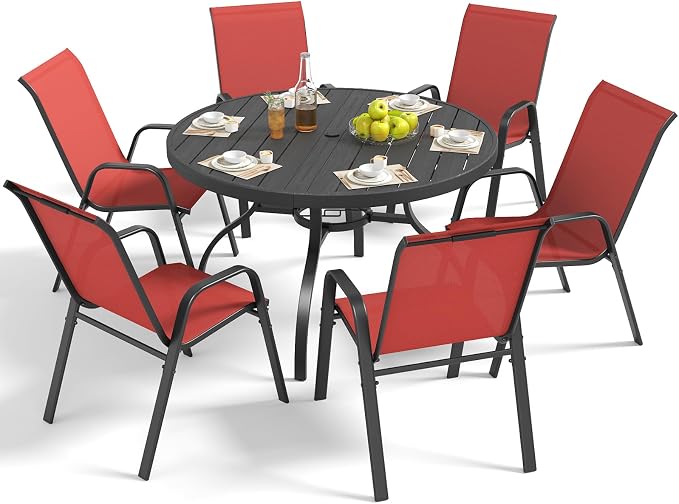 Outdoor Patio Dining Set for 6, 7 Pieces Patio Table and Chairs Set with Umbrella Hole, 47"x 47" Round Metal Wood-Grain Dining Table Set with 6 Stackable Patio Chairs for Deck , Backyard, Porch
