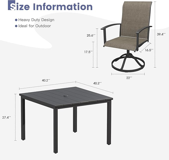VICLLAX 5 Pieces Patio Dining Set, Patio Furniture Set of Metal Outdoor Table with Umbrella Hole and 4 Swivel Patio Chairs for Backyard Lawn, Mixed Brown & Black