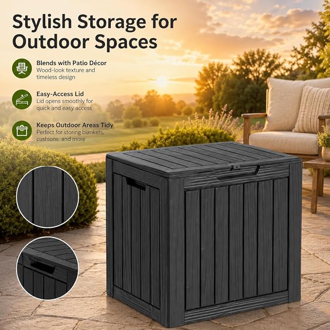 Outdoor Deck Patio Storage Box - 35 Gallon Small Outdoor Deck Box, Plastic Storage Bin with Lid, Outside Toy Box & Pool Storage Container for Cushions, Garden Tools, Towel, Lockable Chest, Black