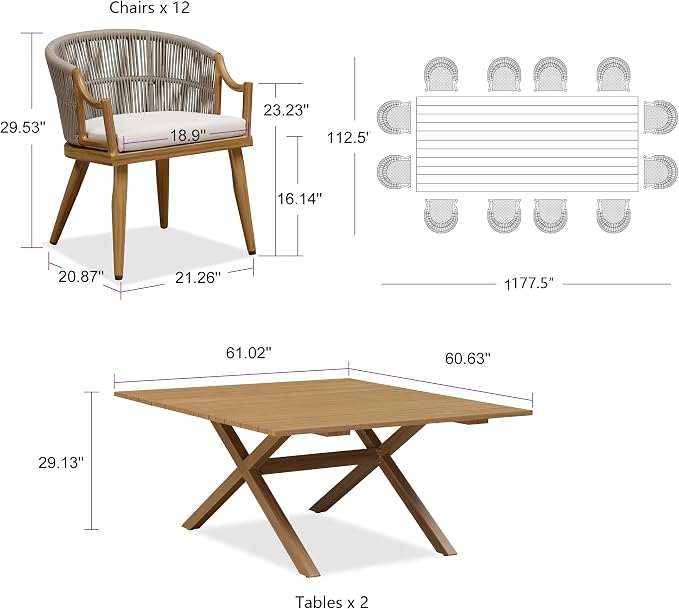 PURPLE LEAF 14 Pieces Outdoor Dining Set All Weather Wicker Patio Dining Set with Rectangular Aluminum Table and Modern Armrest Dining Chairs for Garden Deck Backyard Kitchen, Teak