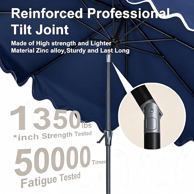 Tempera 9FT Scalloped Tassel Patio Umbrella, Outdoor Market Umbrellas with 8 Sturdy Ribs with Crank & Pust Button Tilt,Fade Resistant Canopy