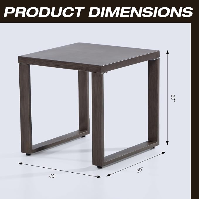 Joyside Outdoor Metal Side Table - 20"x 20" Small Square Coffee Table Patio Bistro Set Table Ideal Match for Patio Furniture, Wood-Looking Brown